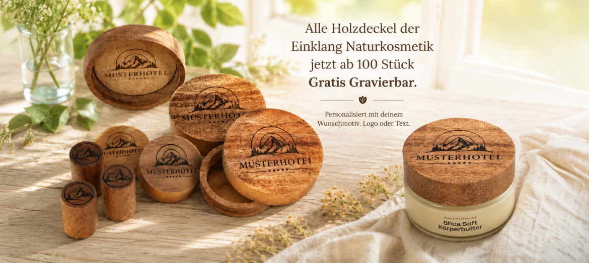 Gravierte Holzdeckel für Naturkosmetik in verschiedenen Größen mit individueller Logo-Lasergravur. Personalisierung für Hotels, Unternehmen und Geschenkideen ab 100 Stück.